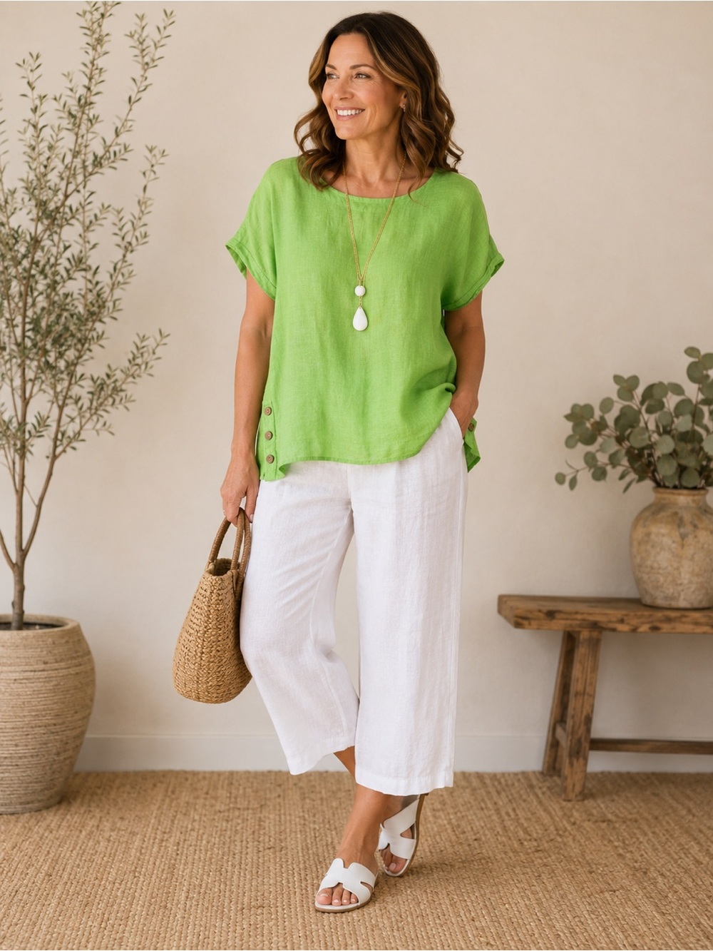 Cynthia Rowley‎ Boxy Chartreuse Green 100% Linen Top XL Coastal Resort NWOT